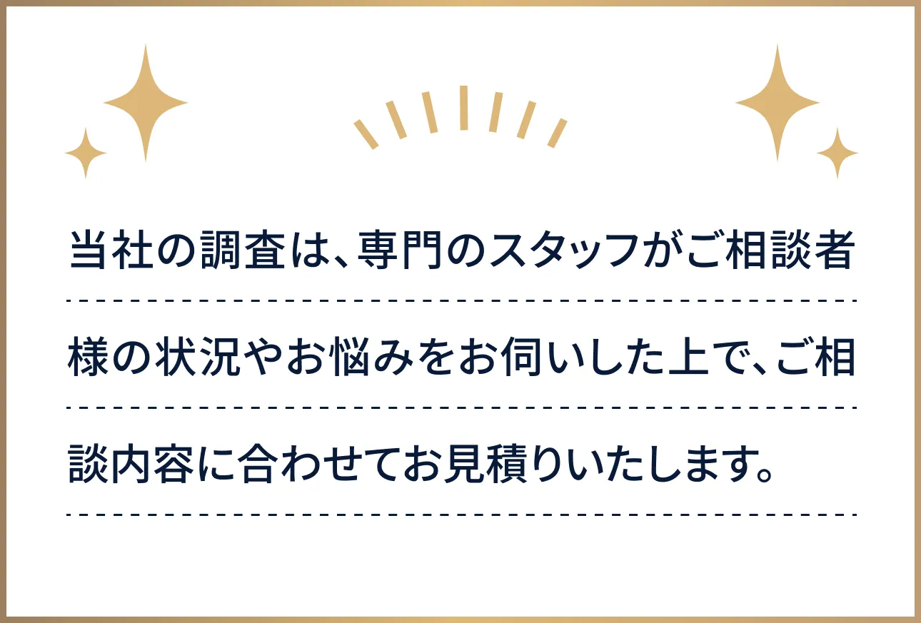 当社の調査は、専門のスタッフがご相談者様の状況やお悩みをお伺いした上で、ご相談内容に合わせてお見積りいたします。